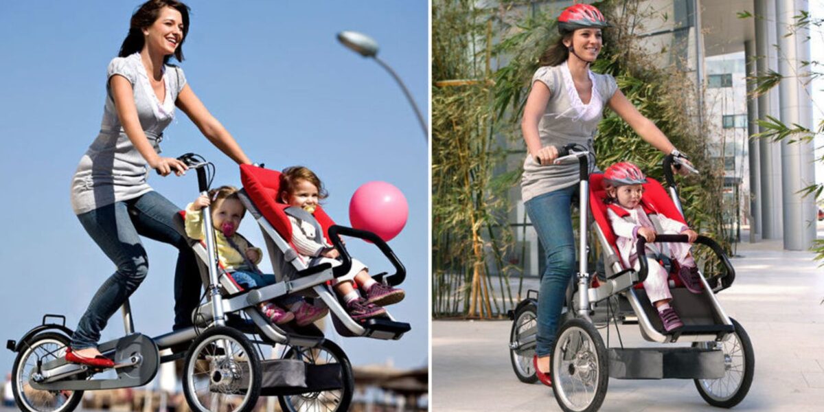 Mother riding bike with pushchair