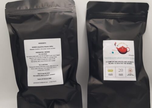 Bag of 20 Rooibos tea bags -Dandelion, root ginger, turmeric and mint